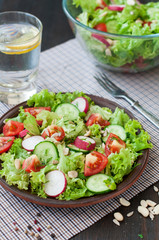Tomato and cucumber salad with lettuce leafes