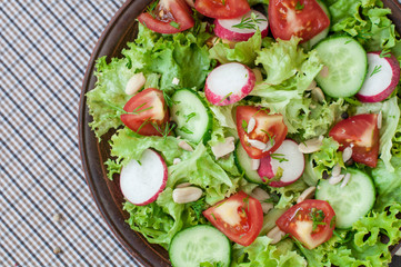 Tomato and cucumber salad with lettuce leafes