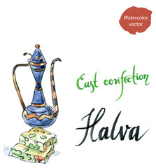 Watercolor sliced halva with green pistachio, pitcher