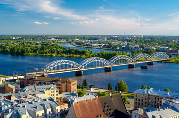 Fototapeta premium Railway bridge over the Daugava river in Riga
