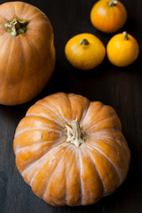 Large pumpkins on a wooden table, decor