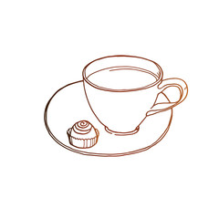 Coffee cup with candy at saucer vector sketch