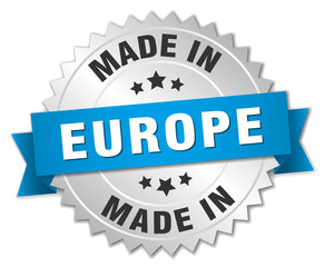 made in europe silver badge with blue ribbon