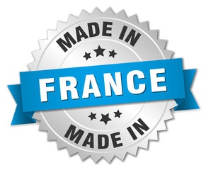 made in France silver badge with blue ribbon