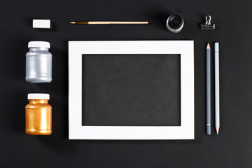 black and white mock up with white wooden photo frame with black