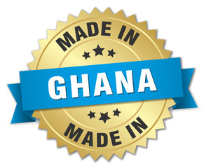 made in Ghana gold badge with blue ribbon