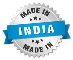 made in India silver badge with blue ribbon