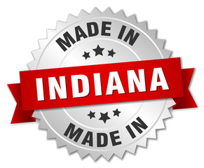made in Indiana silver badge with red ribbon
