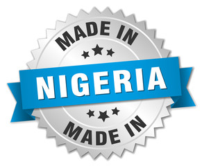 made in Nigeria silver badge with blue ribbon