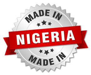 made in Nigeria silver badge with red ribbon