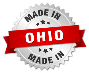 made in Ohio silver badge with red ribbon