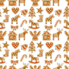 Seamless pattern with Christmas gingerbread cookies - Xmas tree, candy cane, angel, bell, sock, gingerbread men, star, heart, deer, rocking horse.Winter holiday vector Xmas design on white background.