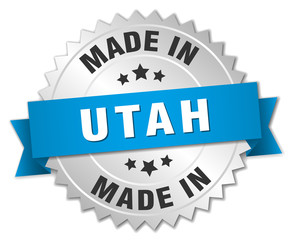 made in Utah silver badge with blue ribbon