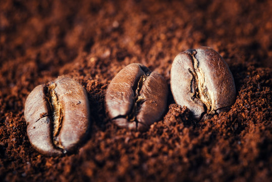 Macrop of coffee beans on ground coffee background