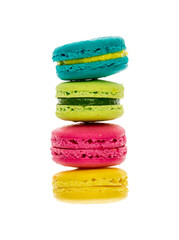 Colorful macarons on white background. Macaron or Macaroon is sw
