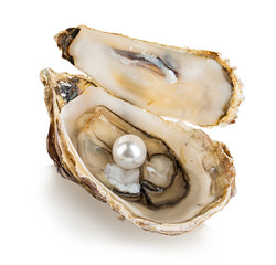 Oyster with pearls isolated on white background