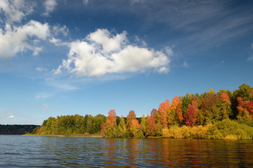 colorful autumn forest lake river sky clouds Cirrus