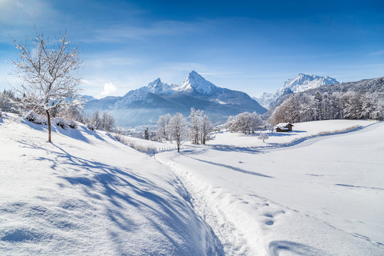 Winter wonderland with trail in the Alps