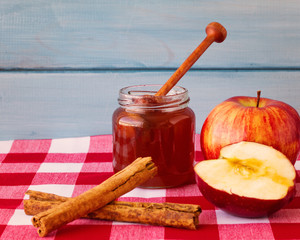 Honey, Apple and Cinnamon over tablecloth