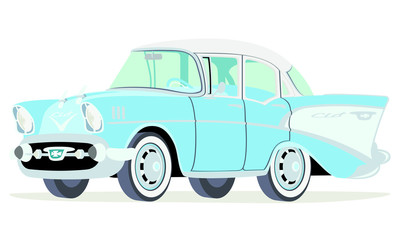 Caricatura Chevrolet BelAir 1957 sedan azul vista frontal y lateral