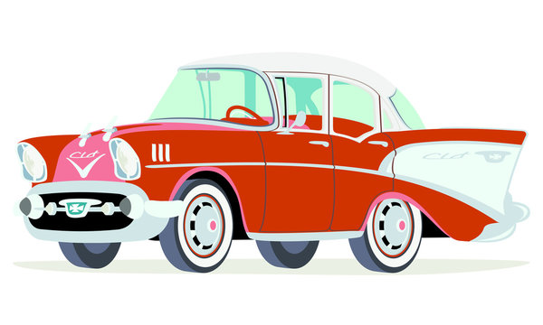 Caricatura Chevrolet BelAir 1957 sedan rojo frontal y lateral