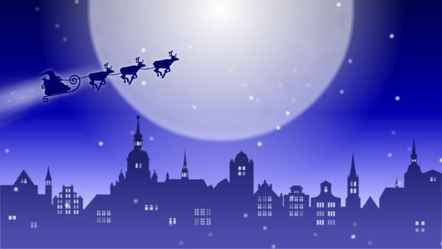 Rentierschlittenfahrt: Weihnachtsmann mit Rentierschlitten &uuml;ber einer n&auml;chtlichen Stadt vor gro&szlig;em Mond im Schneegest&ouml;ber / blau