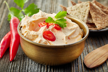 cream cheese with chili and tomato, dip sauce - obrazy, fototapety, plakaty