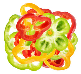 red, yellow and green pepper slices isolated on the white backgr
