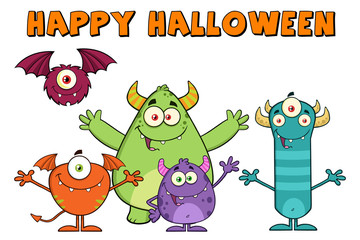 Funny Monsters Cartoon Characters With Happy Halloween Text