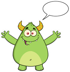 Funny Horned Green Monster Character With Welcoming Open Arms 