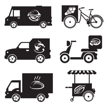 monochrome illustration of nine food transport icons 