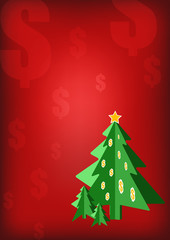 Vector : Christmas trees and dollar symbol on red background