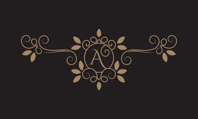 Elegant floral monogram logo design template with letter A. Lineart vector illustration