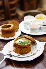soup served in a bread bowl
