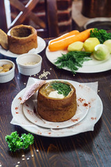 soup served in a bread bowl