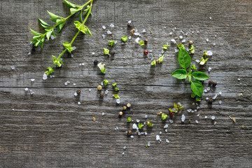 Basil leaves and salt on a dark gray wooden background, top view