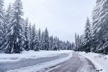 Snowy winter road in Julian Alps