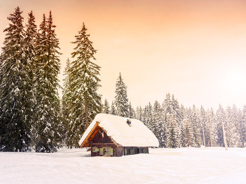 Fototapeta Winter holiday house in slovenia alps