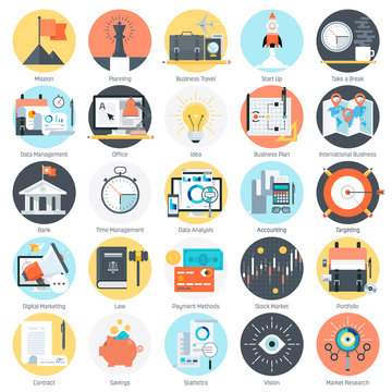 Business theme, flat style, colorful, vector icon set for info g