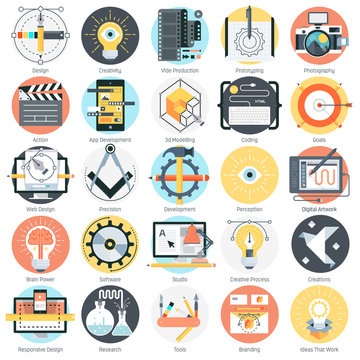 Design and production theme, flat style, colorful, vector icon s