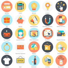 Shopping theme, flat style, colorful, vector icon set for info g