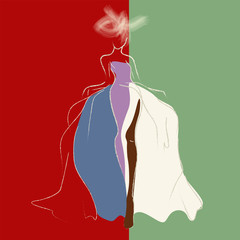 Abstract sketch of the model in purple-blue and white dress on a green and red background. Fashion Week