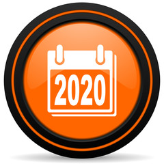 new year 2020 orange glossy web icon on white background