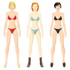 Woman body template. Redhead woman, blonde woman, brunette woman.