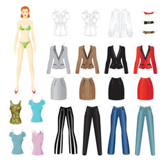 Doll with clothes. Set of template paper clothes for everyday and clothes for office.