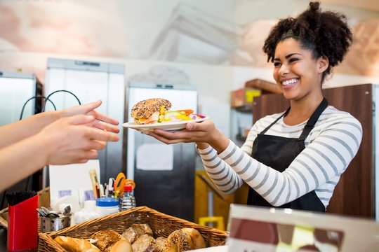 Waitress serving lunch to customer