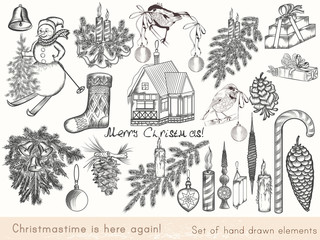 Christmas hand drawn elements set Xmas decorations for design