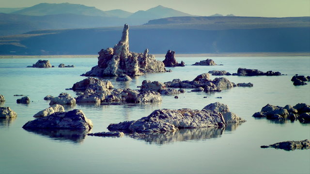 Tufa formations rising out of Mono Lake, California