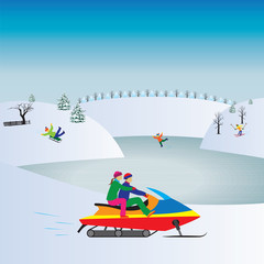 Couple  on a Snowmobile. Winter, Christmas vacation.
