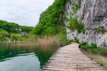 Fototapeta na wymiar Wooden path in National Park in Plitvice